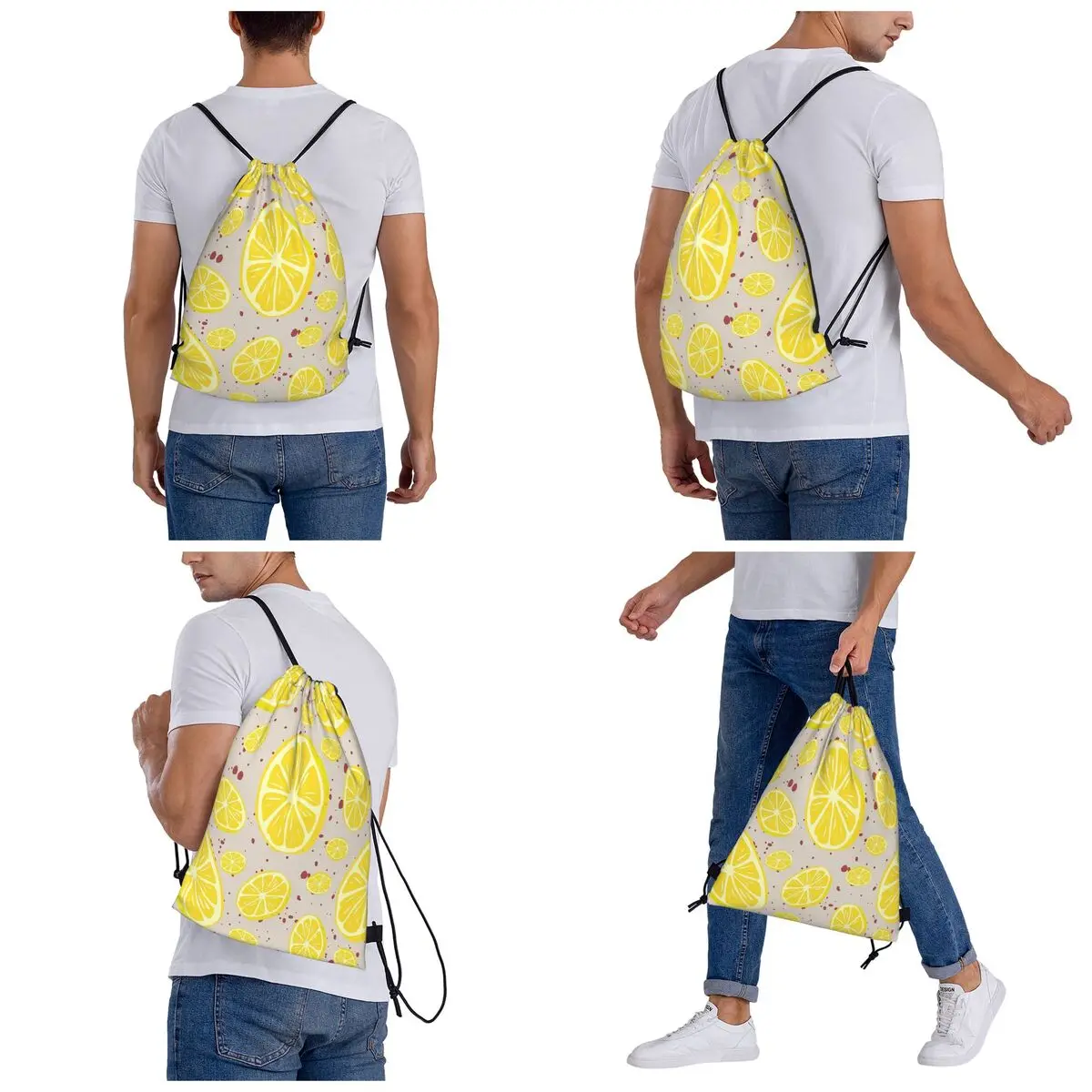 Summer Lemon Slice Pattern Beige Backpacks Casual Drawstring Bags Storage Bag Book Bags for Man Woman Students