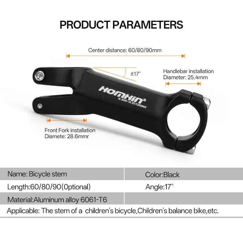 

Children's Bicycle Handlebar Stem 25.4*60/80mm MTB Stem 28.6mm ±17° Ultralight Road Bike Table Power