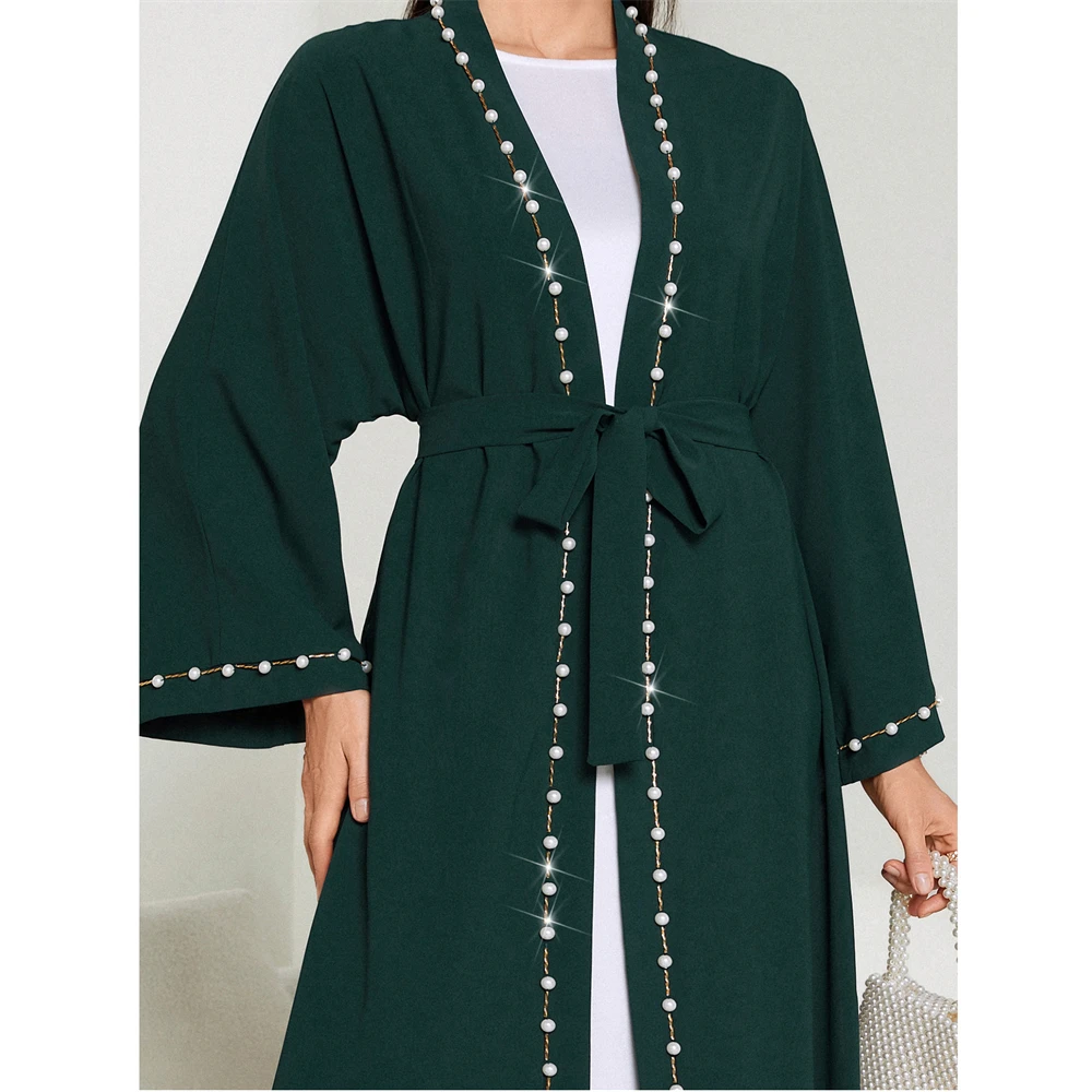 Eid Mubarak Djellaba Femme Longue Musulmane Open Abaya Dubai Turkey Kaftan Muslim Women Beaded Maxi Dress Kimono Jalabiya Robe