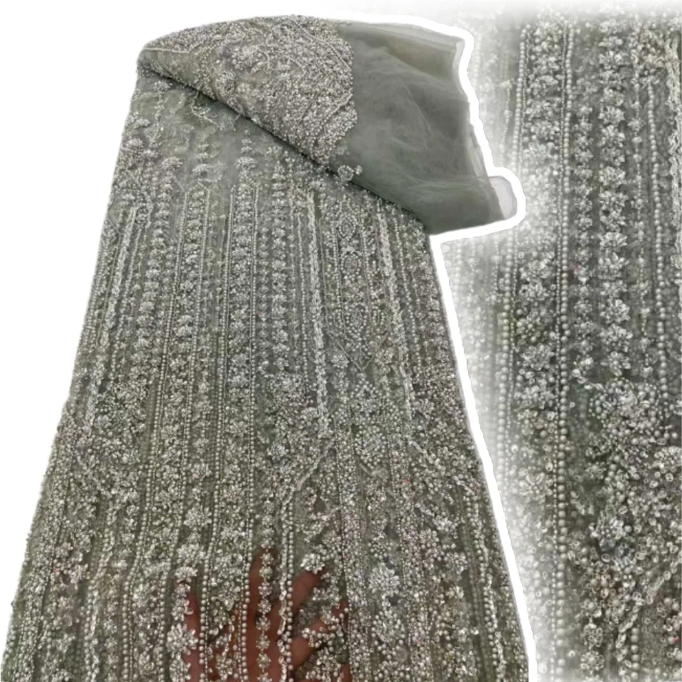 

5Y African Beaded Lace Fabric 2025 Latest Nigerian French Sequins Tulle Lace Fabric Bridal Wedding Party Dress Material AH1556