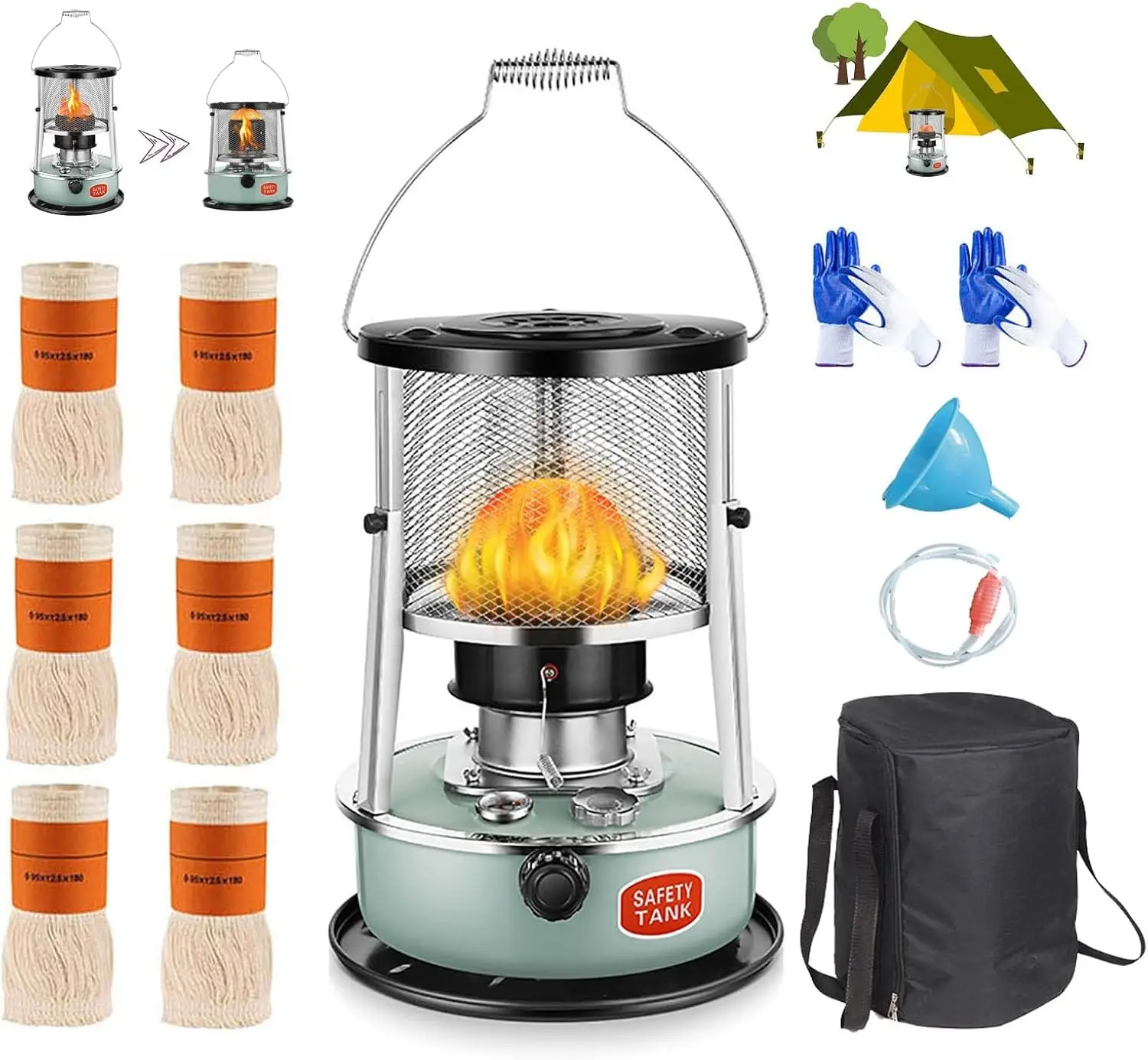 Stainless Steel Indoor Heater Non Electric, Kerosene Stove Camping with Portable Handle, with 6 Wicks 2 Pairs of Gloves, for Boi