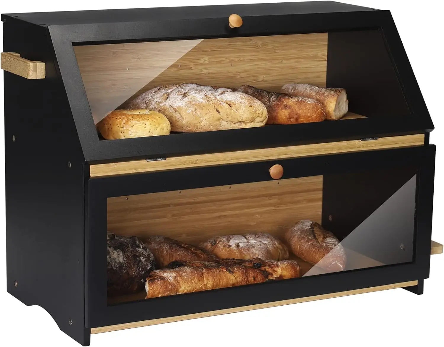 

Double Bread Box, Two-layer Extra Large Bread Box for Kitchen Counter, Wooden Large Capacity Bread Bin with Cutting Board (Bla