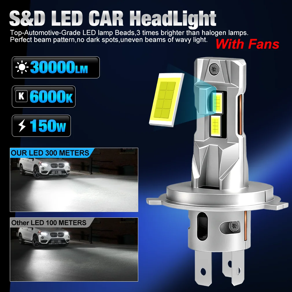 Luz LED para Auto S&D H4, 150W, 30000LM, Faro LED Canbus 16 CSP, Lámparas de Alta Intensidad para Auto con Ventiladores Turbo, 6000K Blanco
