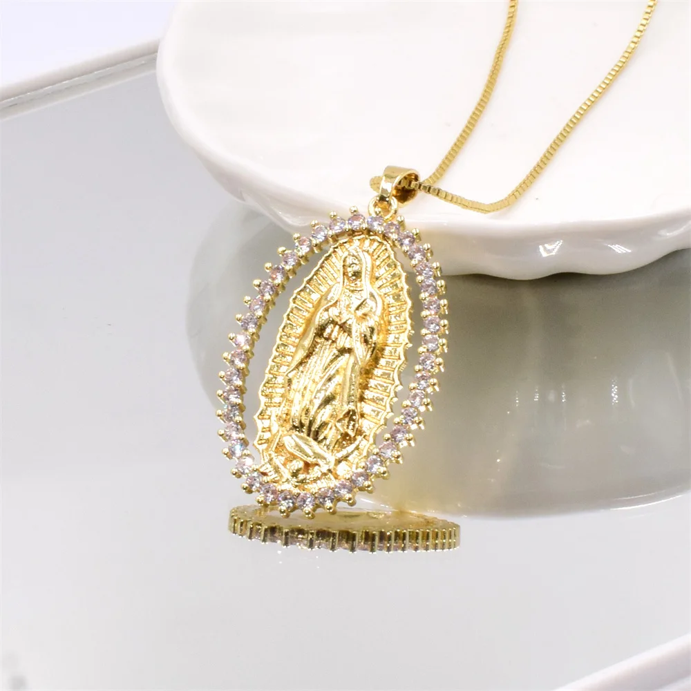 Fashion Virgin Mary Box Chain Necklace Our Lady of Guadalupe AAA Zirconia Gold Plated Pendant Necklace Religious Jewelry Gift