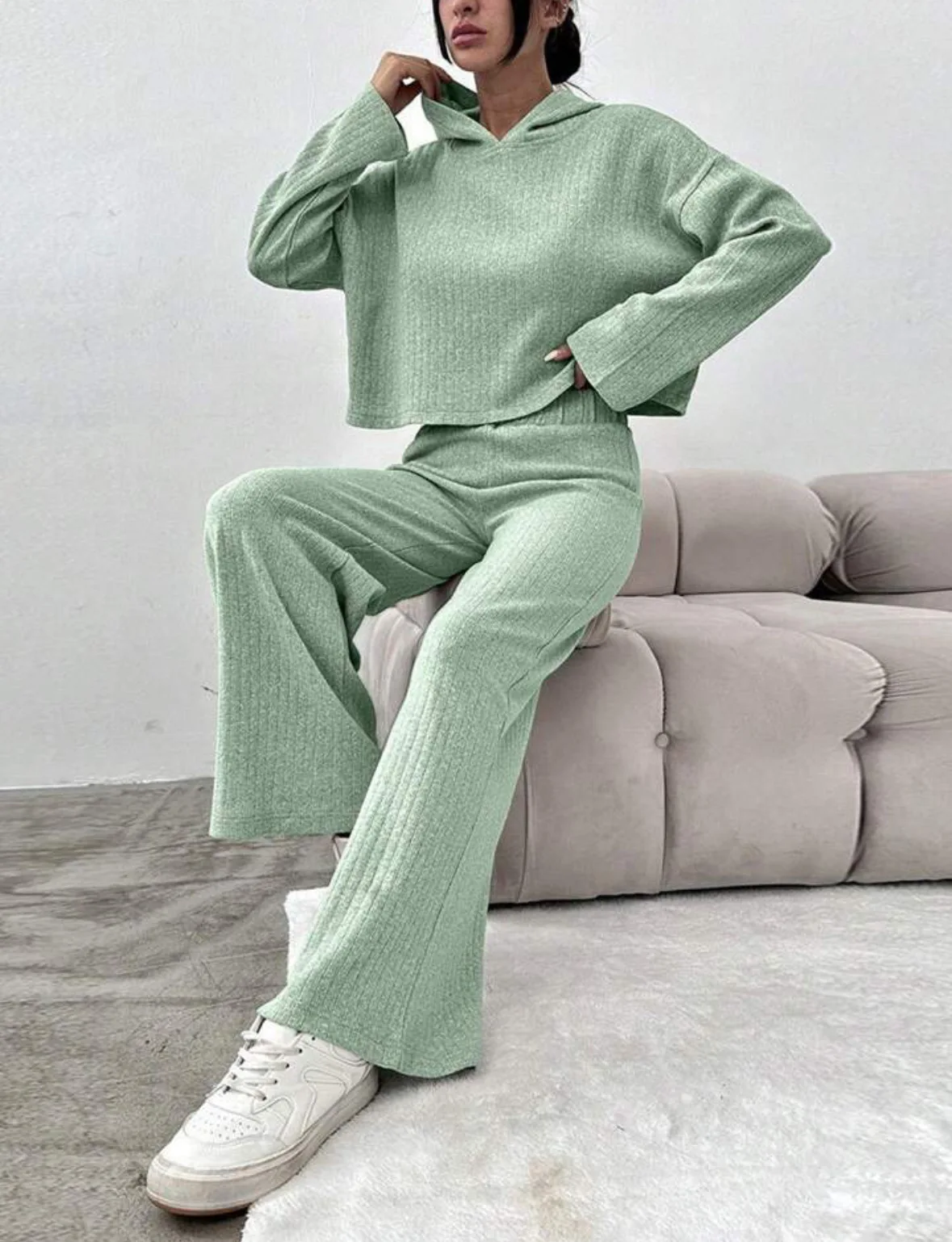 2025 الخريف بلون محبوك مقنعين السراويل الطويلة طويلة الأكمام سراويل أنيقة غير رسمية مجموعة فضفاضة بلون مريح #3