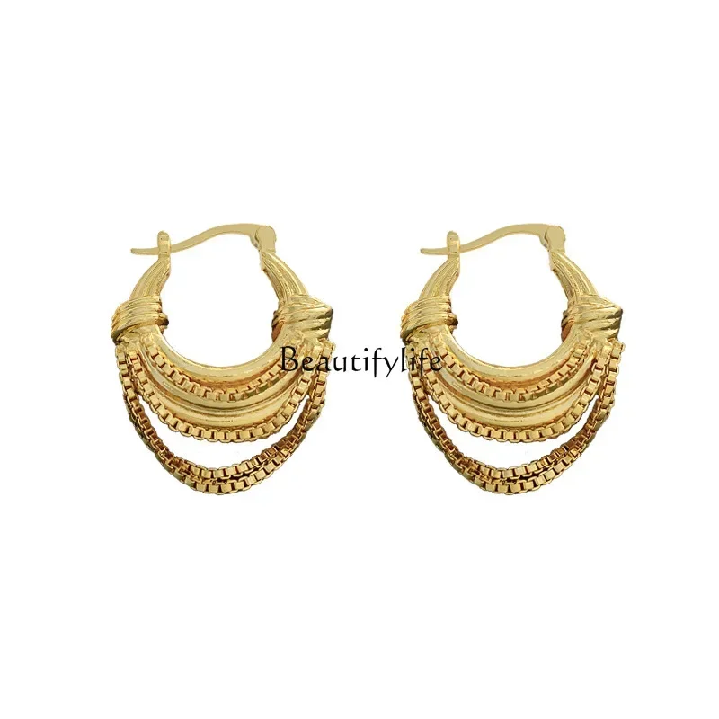

U-shaped chain earrings 18K real gold niche high-end earrings for women