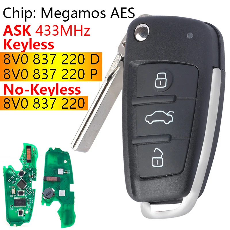 

8V0837220D 8V0837220P 8V0837220 ASK 433MHz Megsmos AES Chip Keyless Car Remote Key Fob for Audi A3 S3 RS3 2012- 2018