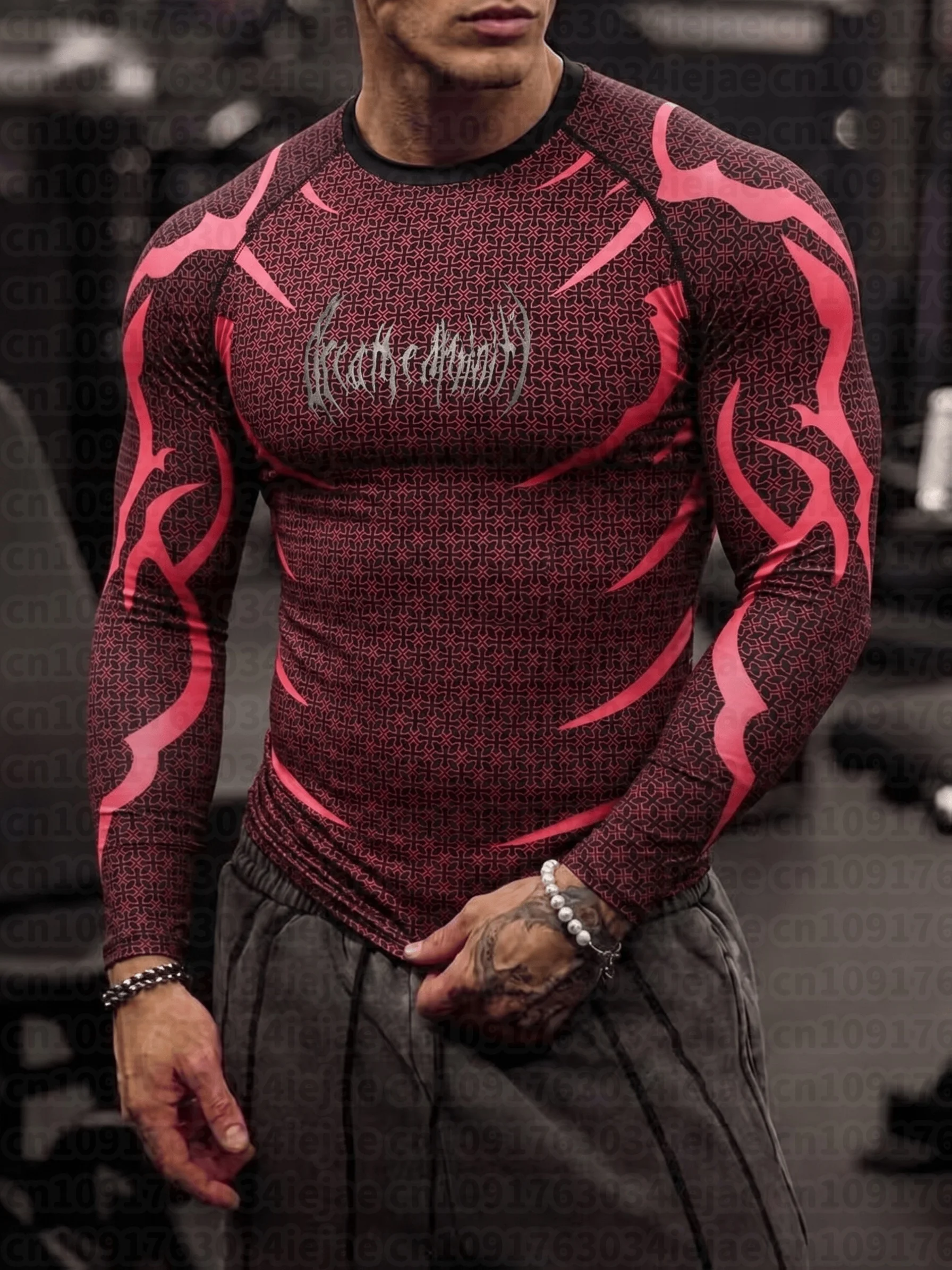 Herren Kinder Mock Neck Fitness Langarm-Oberteil Geometrische Textur Gezackter Gothic-Schriftzug Workout-Training Unterziehshirt – Detail 4