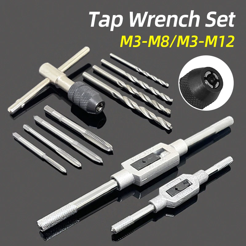 Hand Tap Wrench T-Type Handle Both Way Ratchet Tap Wrench Adjustable Tapping Tools Screw Thread Tap Drill Bit Set Milling Taps