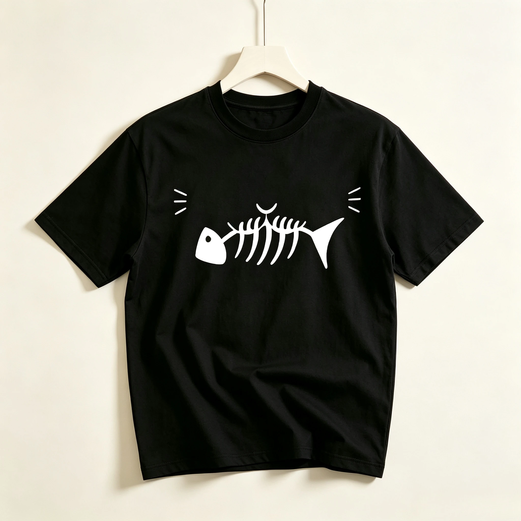 interesting cartoon cat-themed fish-print T-shirt, a summer loose and casual top suitable unisex a street style minimalist Tees