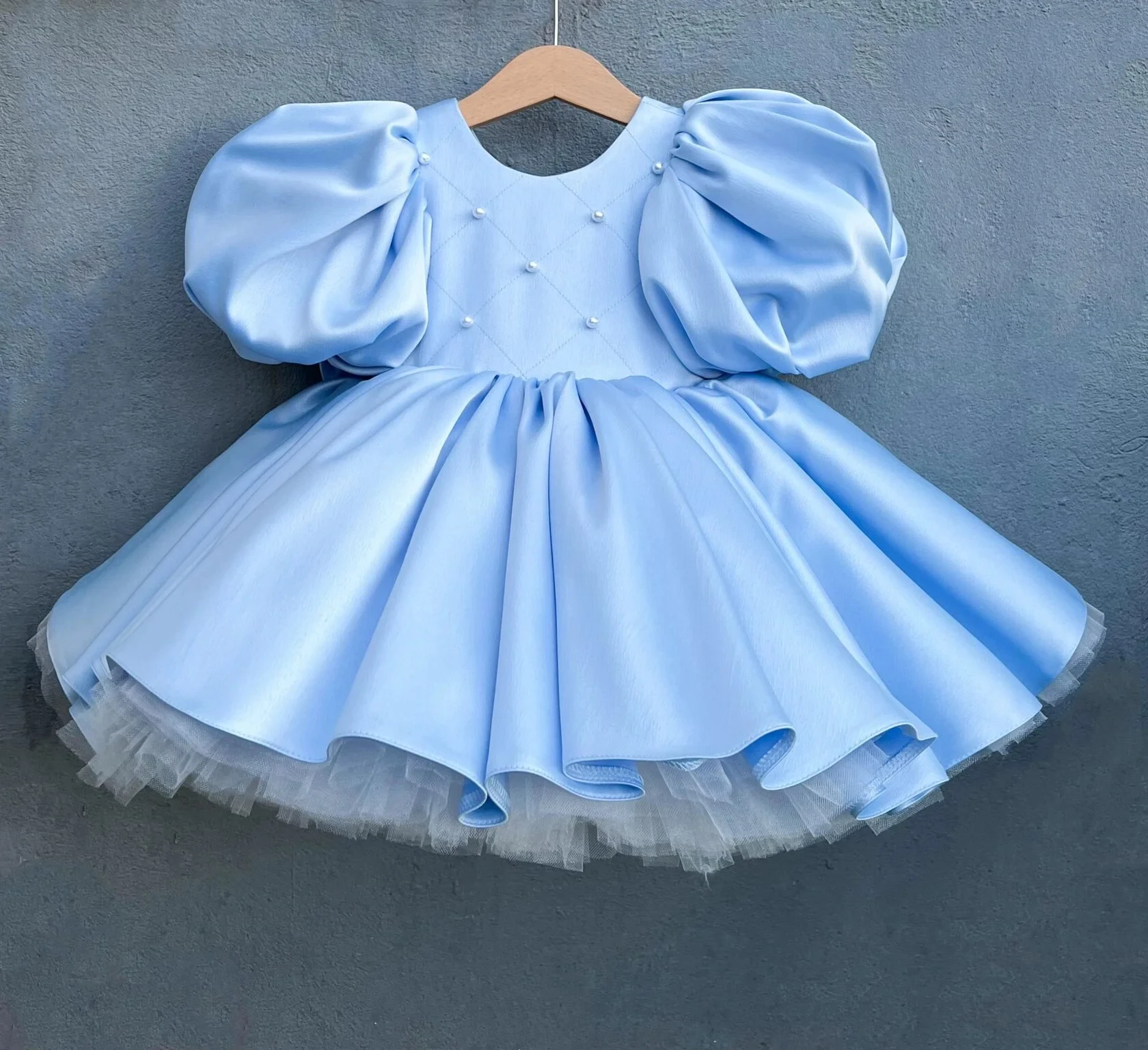 Light Blue Satin Flower Girl Dress Custom Puff Sleeve Pearl Bow Kids Wedding Baptism Birthday Princess Formal Gown Gala Dresses