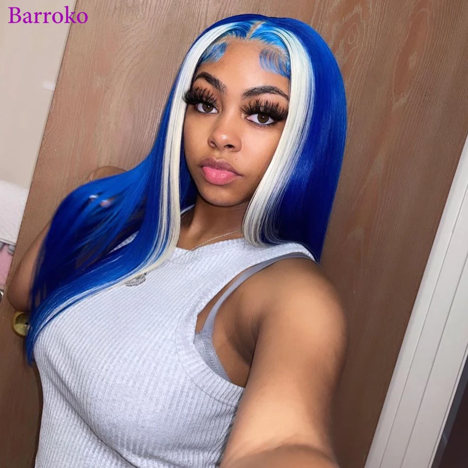 Barroko 613 Highlight Blue Colored Straight 180% 13x6 Transparent Lace Front Wig Human Hair 14-34 Inch Pre Plucked Remy Hair Wig