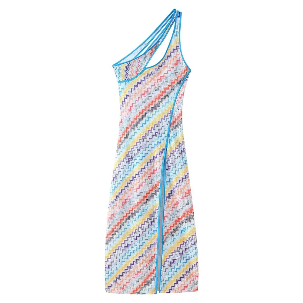 Novo design elegante e sexy feminino com gola de corte diagonal e vestido longo no peito estampado oco