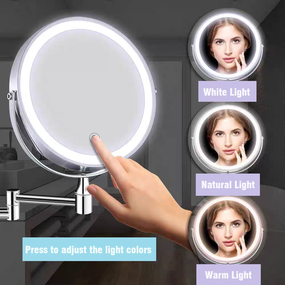 8" Rechargable wall mounted LED makeup mirror 10X magnification vanity  bathroom mirror