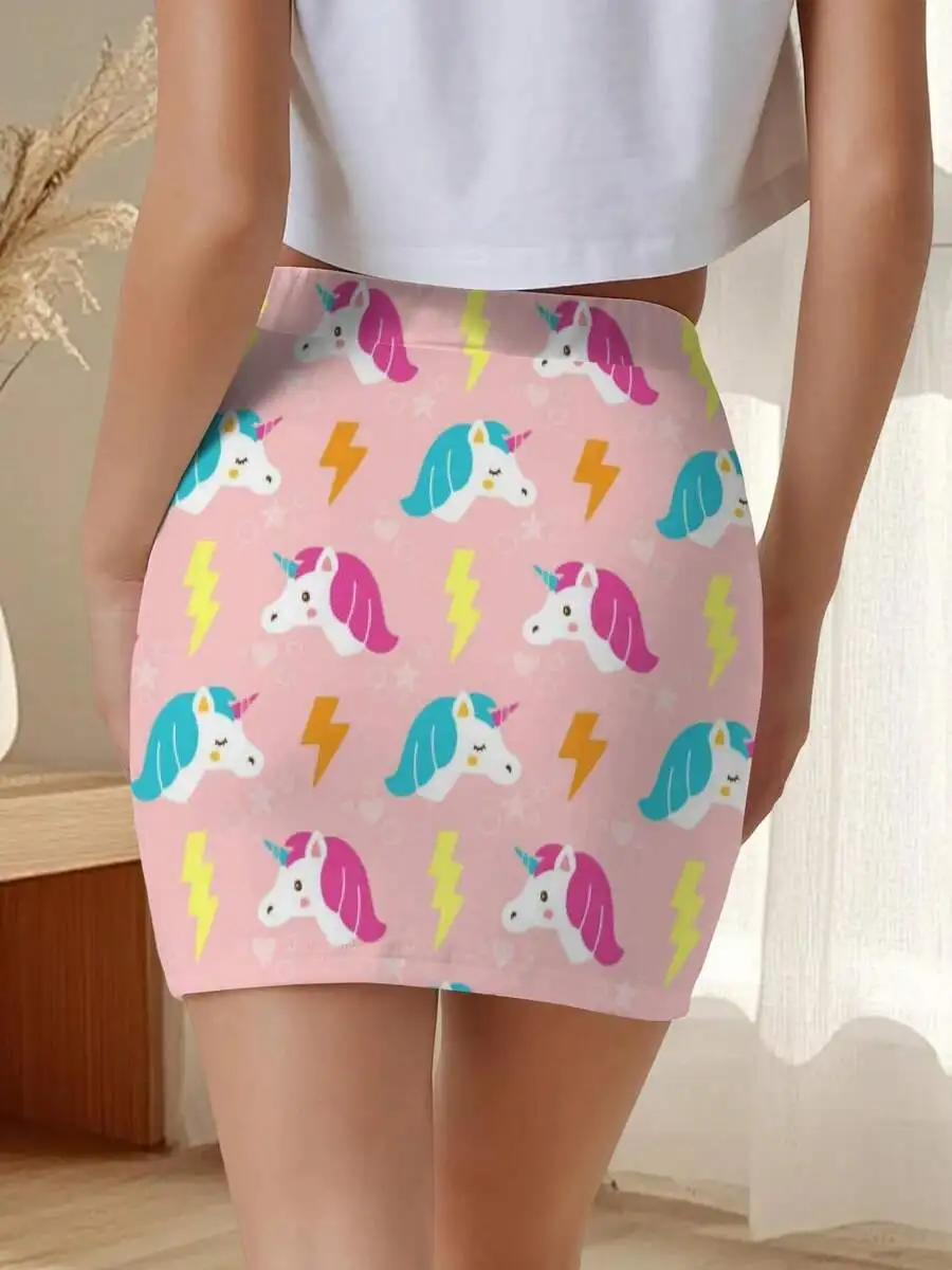 Women Summer Bodycon Mini Skirt With Cute Unicorn And Lightning Pattern