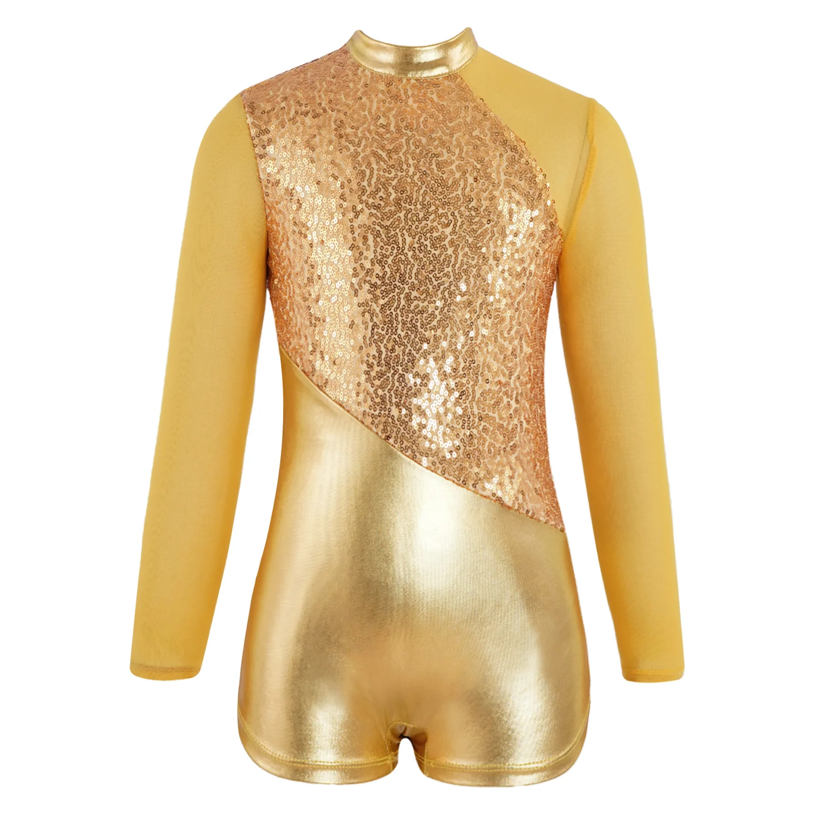 

Kids Girls Jazz Dance Outfit Long Sleeve Mock Neck Zipper Back Shiny Sequins Jazz Leotard with Metallic Hair Band Jazz Dancewear