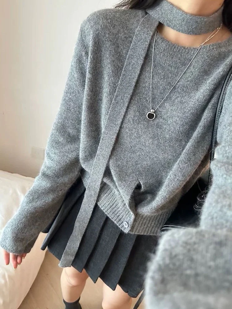 

Новинка 2023 года, однотонный вязаный свитер Long Sve, дизайн Sensation, повседневный свободный крой, свитер в Корейском стиле