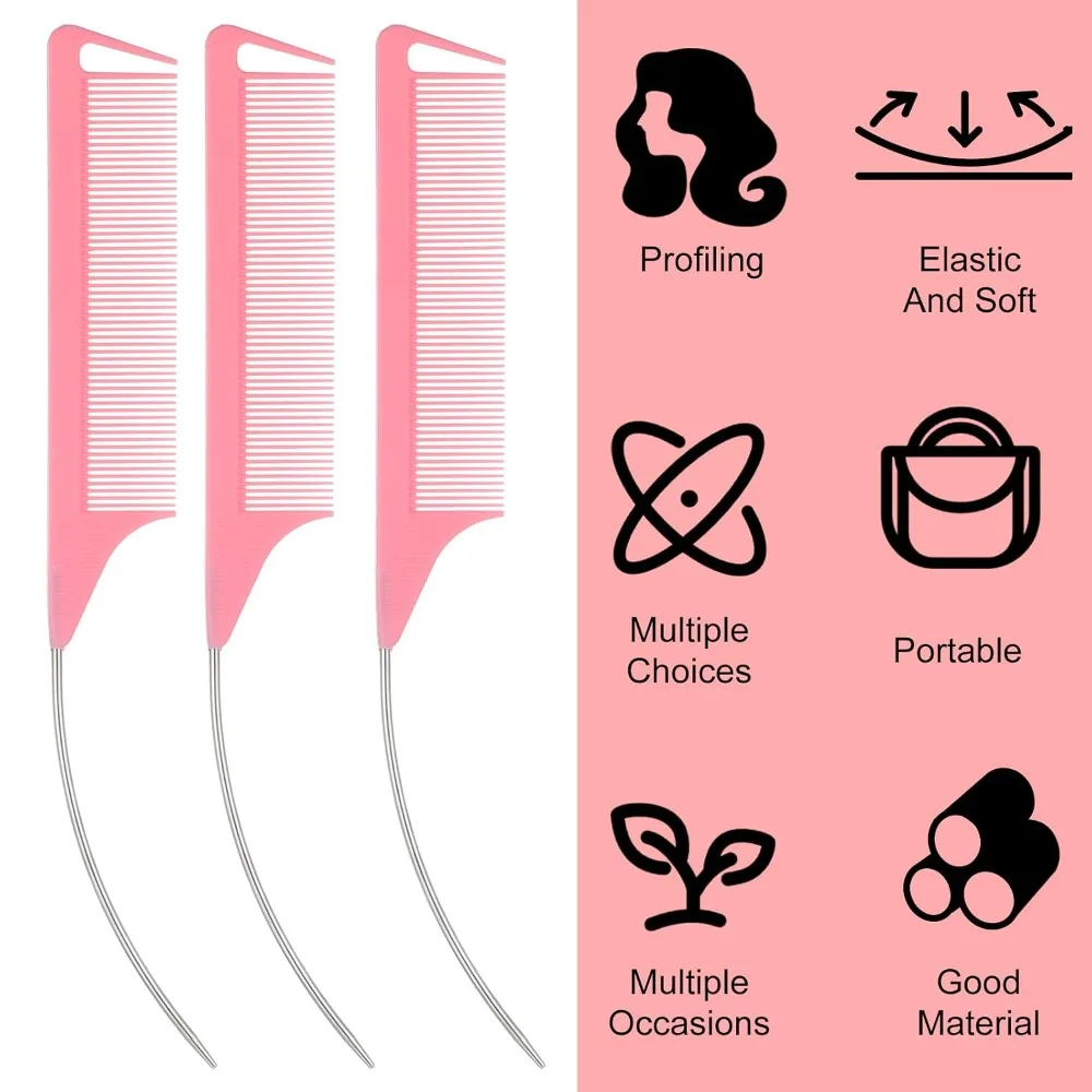 

Hot Selling 3 Pcs Rat Tail Combs C Curved Parting Teasing Fine Tooth Comb with Bend Steel Needle Carbon Fiber Pin Tail Comb Hair Styling Tools for Women Barber
