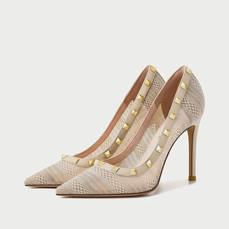 

Большой размер 31–44. Дышащие туфли на тонком высоком каблуке с кружевной сеткой. Женские туфли-лодочки 44 43 42 41. Новые туфли на среднем каблуке с заклепками и острым носком.