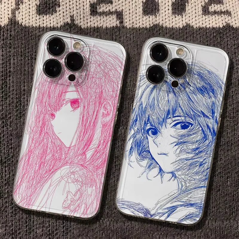 Hand Drawn Pink Blue Line Girl Phone Case For Samsung Galaxy A14 A15 5G S21 S22 S23 S24 FE Plus Ultra A25 A35 A52 A53 A54 A55 5G