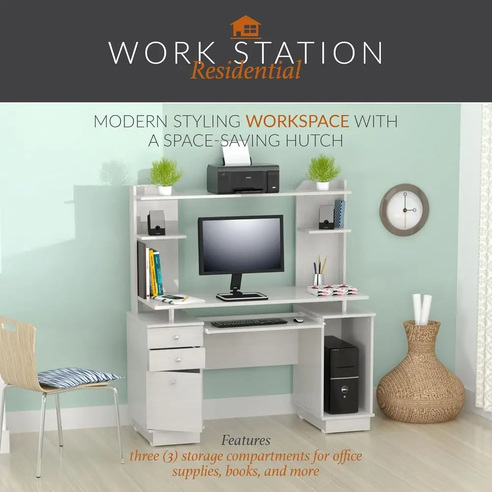 أمريكا، 53.5 بوصة ارتفاع × 48.62 بوصة عرض × 19.5 بوصة عمق، مركز عمل من خشب البلوط المغسول مع حافظة، صينية لوحة مفاتيح قابلة للسحب، أدراج، محطة عمل مكتبية