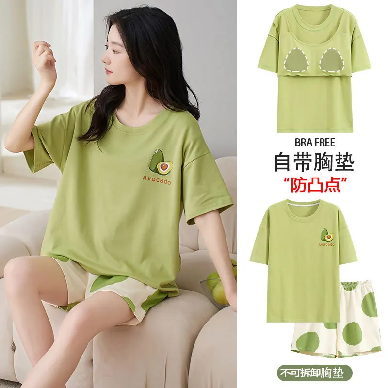 

Women's Pajama with Chest Pad Summer Short-Sleeved Pure Thin Korean Version Lovely Home Clothes Two-piece Suit Summer Loungewear