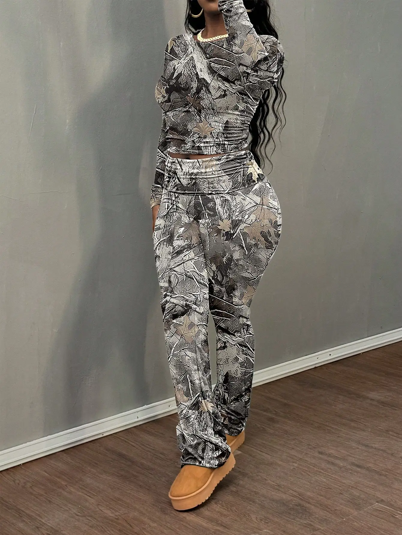 여성 클린 걸 라운드넥 긴팔 티셔츠 & 팬츠 캐주얼 세트, 봄