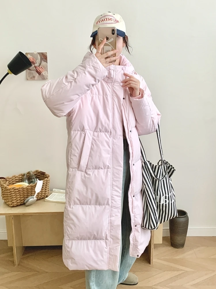 Long White Duck Down Jacket Women's 2024 Winter Warm Over-the-Knee Long Sleeve Solid Color Hooded Fashionable Coats