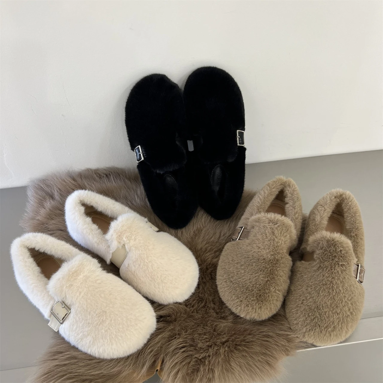 Round Toe Lamb Fur Shoes Woman 35-40 Big Size Furry Mocasines Warm Winter Shoes Female Lambwool Slip on Loafers Curly Fur Flats