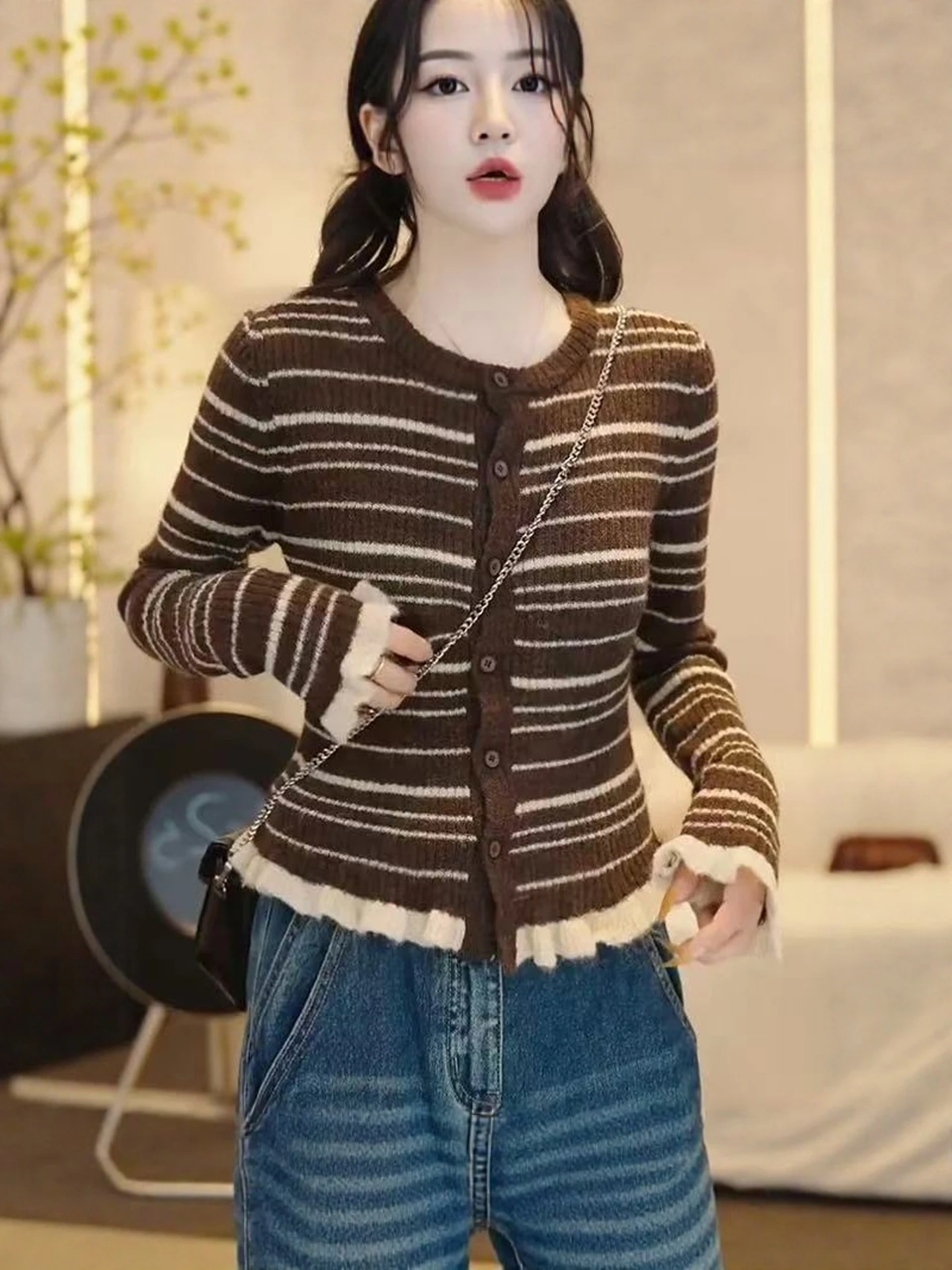 Korean Style Striped Knitted Open Cardigan Women's Long Sleeve round Neck Sweater Fashionable Color Block Design Autumn Outer...