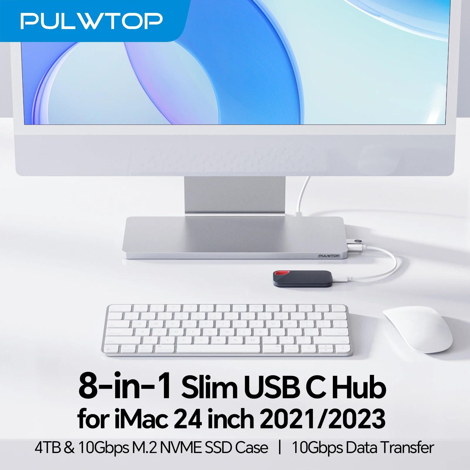 PULWTOP iMac Accessories with M.2 SSD Expansion, USB A/C 3.2 10Gbps, USB A 2.0, SD/TF, iMac USB Hub for iMac 24 Inch M1 M3 M4