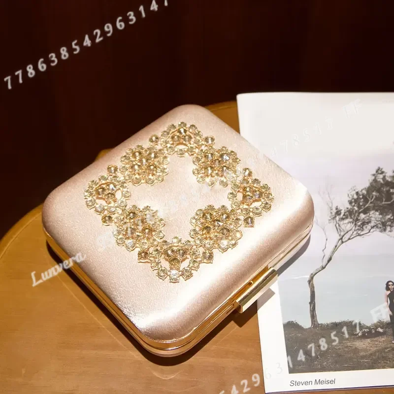 Floral Small Square Box Bag Women Clutch Purse Rhinestone Decorated Elegant High End Crossbody Messenger Bag for Party
