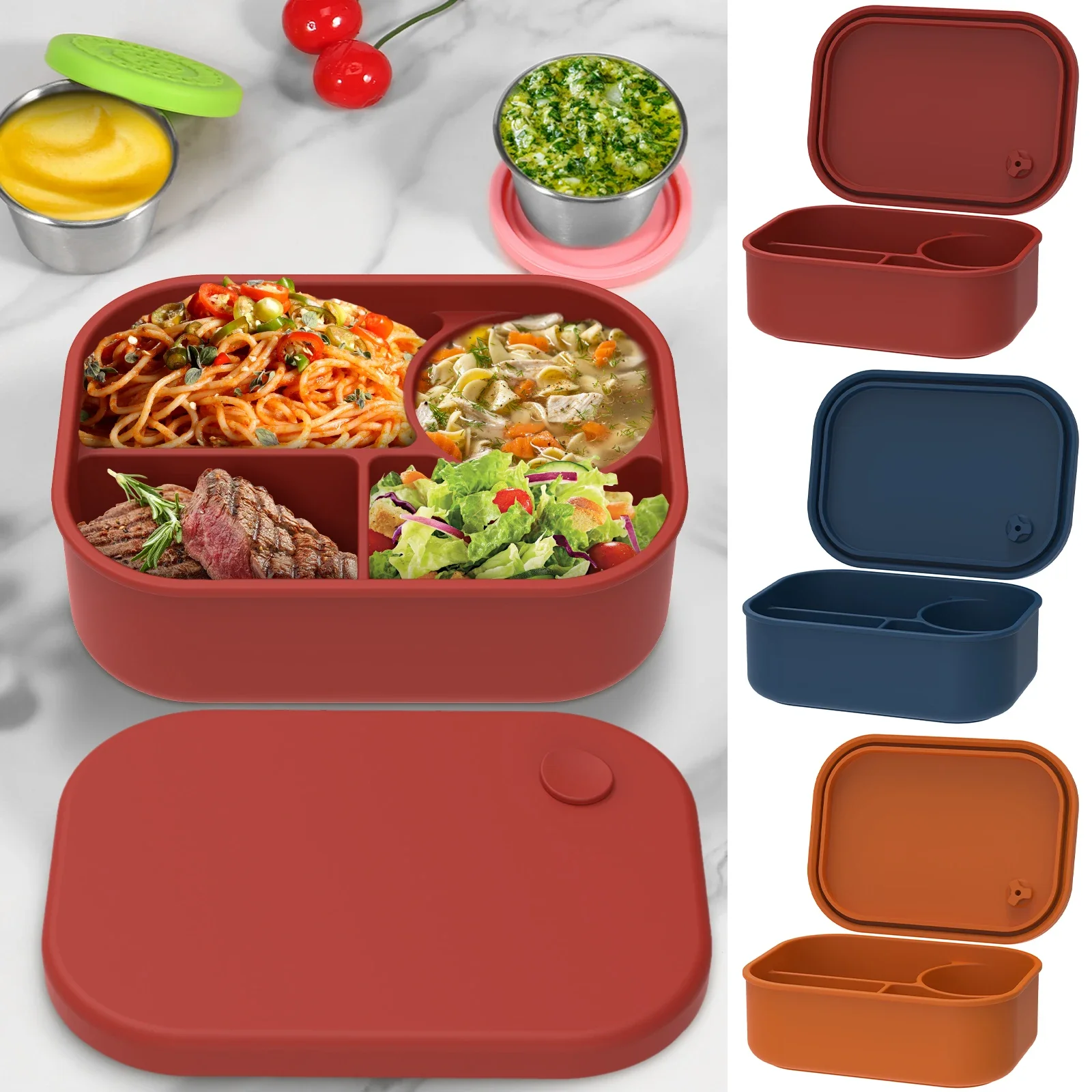 

Silicone Bento Box 500ml Portable Food Storage Container Leakproof Travel Meal Box with 4 Compartment Microwave Safe for Home