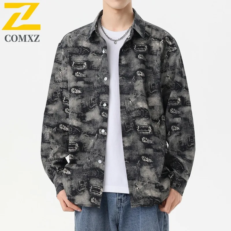 

COMXZ Men Casual Long Sleeve Jacket Spring Autumn Trendy Fashion Handsome Shirt Style Loose Fit Print lightweight windbreaker