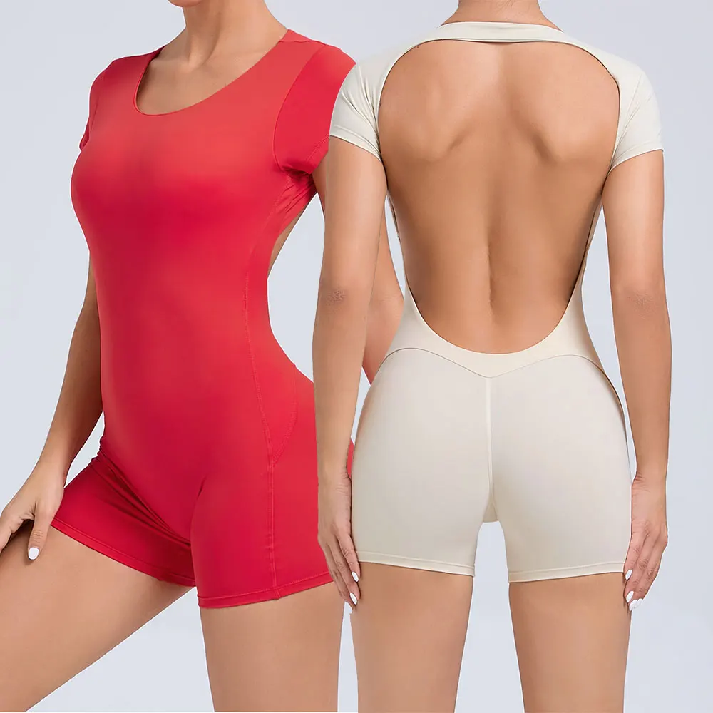 

JUREN Jumpsuit Yoga Set Women Workout Set One Piece Sports Suit Short Sleeve Gym Clothes Push Up Fitness Set Bodysuit Sportswear
