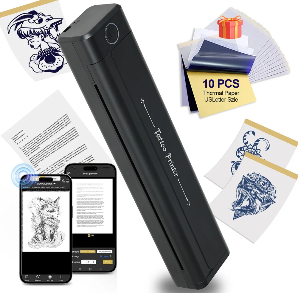 Wireless Tattoo Stencil Printer Machine Thermal Wireless Tattoo Transfer Printer with 10 Transfer Papers for Tattoo Artists