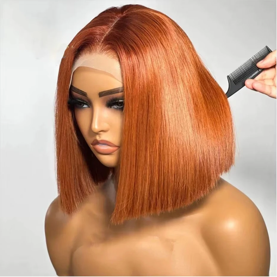 Perruque frontale en dentelle de vrais cheveux humains vietnamiens court Bob # 350 perruques de cheveux humains de couleur orange gingembre légèrement blanchis noeud Lacefront