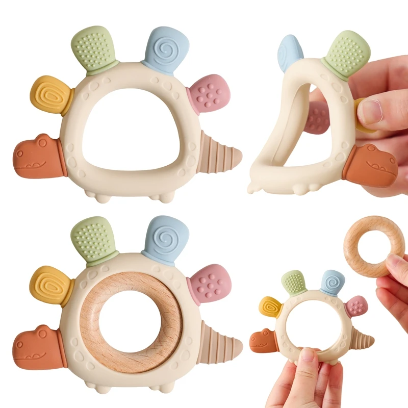 BPA-freier Baby-Dinosaurier-Beißring aus Silikon, sensorisches Spielzeug, leicht zu greifen, Babypflege, lebensmittelechtes Babyspielzeug, Geschenk für Neugeborene, Babyzubehör – Detail 2