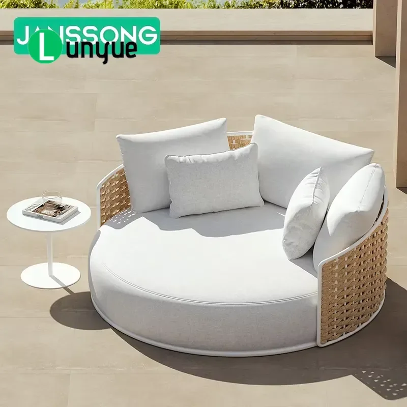 Outdoor Metal Sun Lounger Rattan Beach Bed Terrace Furniture Poolside Leisure Sofa Garden Patio Recliner Durable Weatherproof