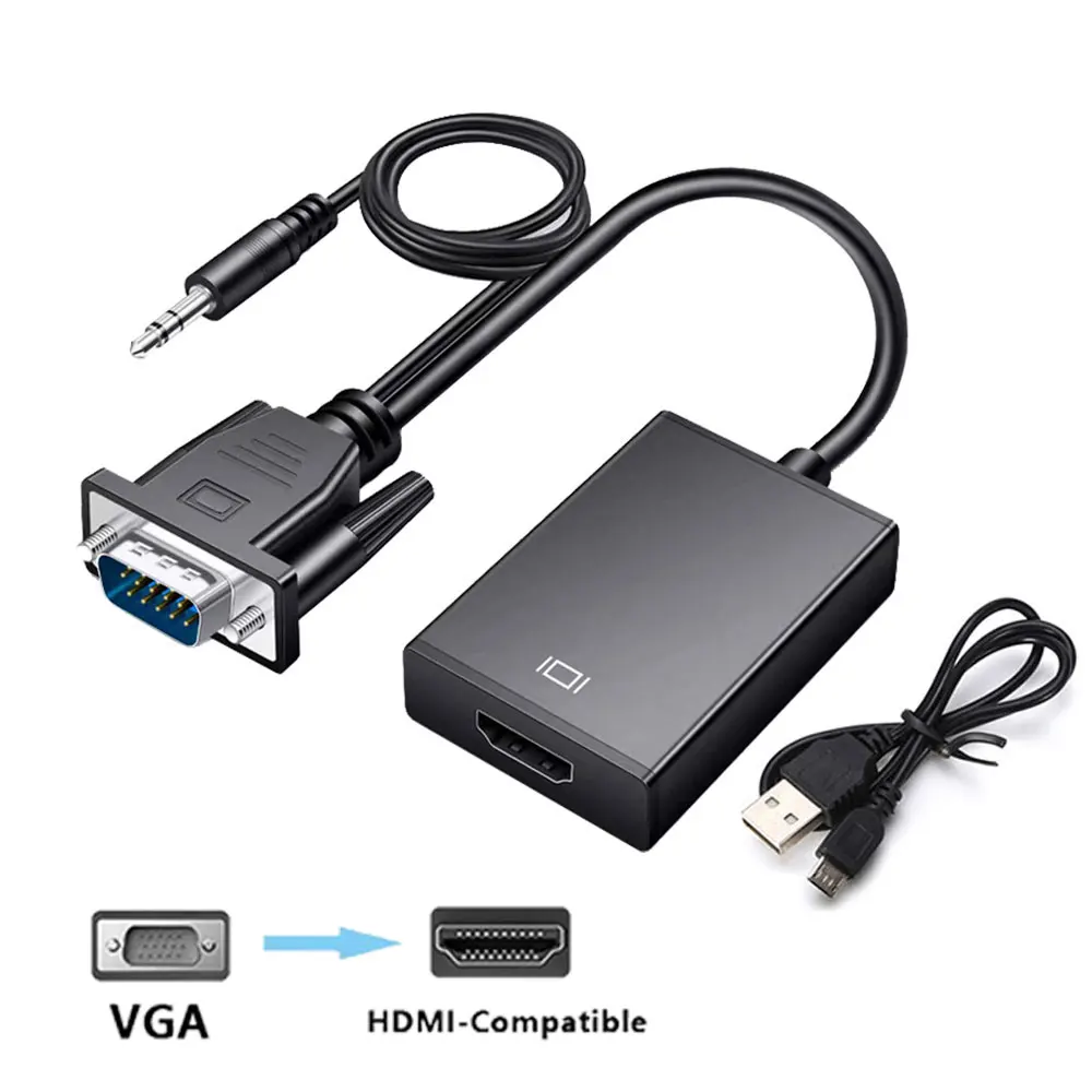 Vga para hdmi-cabo adaptador de conversor completo compatível hd 1080p com saída de áudio adaptador vga hd para computador portátil para projetor hdtv