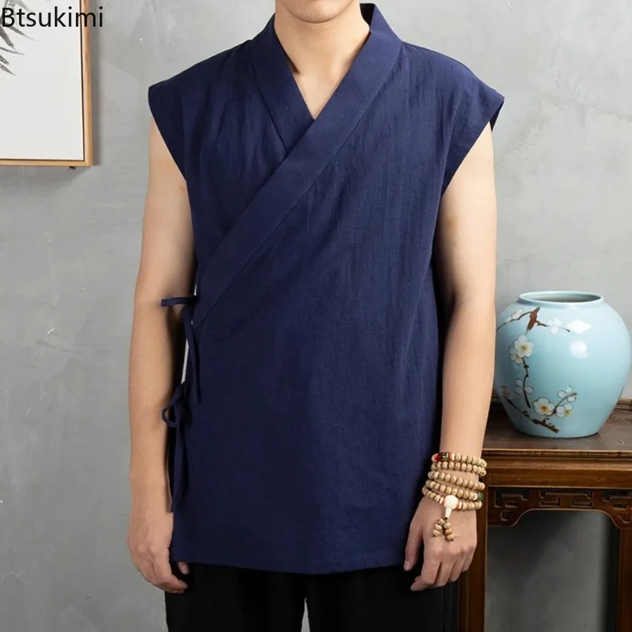 2026 Traditional Chinese Clothing Hanfu Men Linen Cotton Sleeveless Jacket Mens Tang Suit Kimono Cardigan Male Open Stitch Coat