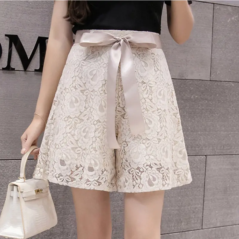 Summer Lace Shorts 2024 New Women Lace Ribbon Bow Wide Leg A-line Shorts Korean Style Sweet Casual Shorts Female Flower Culottes