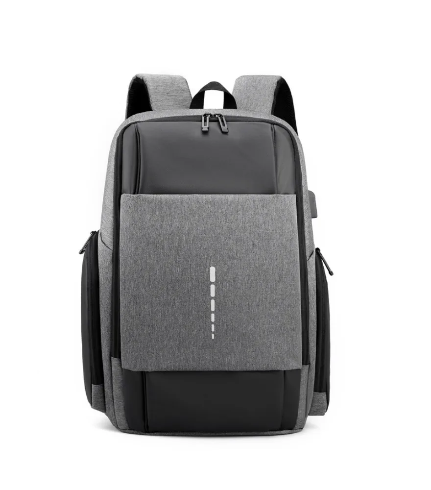 Gray and black color block laptop backpack vertical front reflective dotted strip side built in external USB anti splash padded