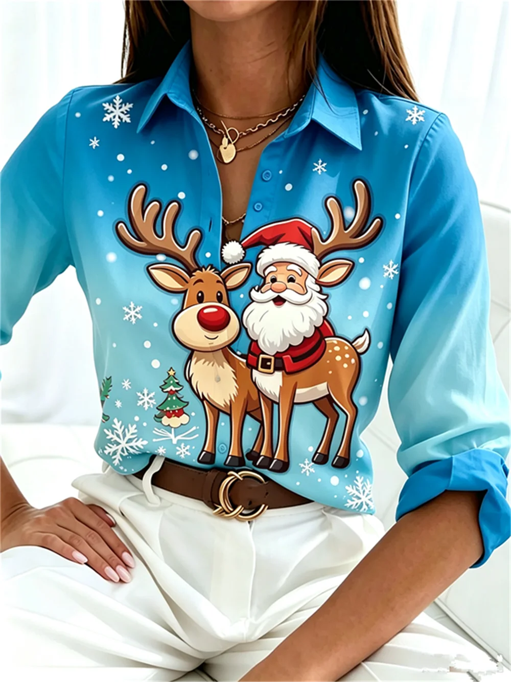 Fashion Santa Claus And Deer Women Shirts Long Sleeve 3D Printed Turn-Down Collar Christmas Blouse 3XL Plus Size Casual Shirt