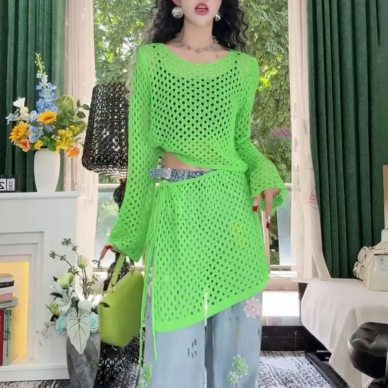 

Spring Summer Women Outfit Trend O-neck Hollow-out Long Sleeves Cover-up Top Skirt Fart Curtain Casual Two-piece Set Skirt Sets