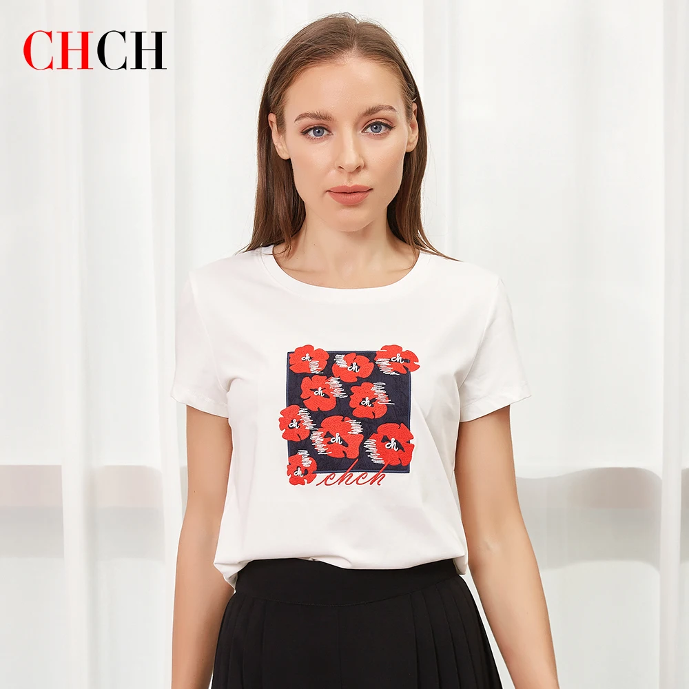 

Женская летняя футболка CHCH 2023, женская футболка с коротким рукавом для отдыха, с вышивкой и принтом, распродажа