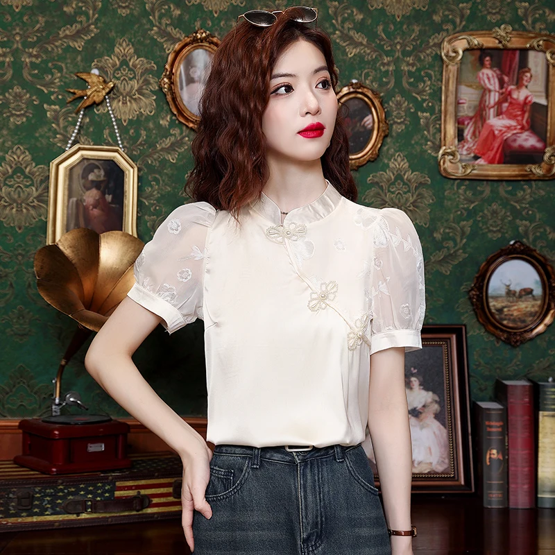 Summer Short Sleeve Stand Collar Women Blouse Casual Chiffon Blouse Shirt Women Tops Blusas Mujer De Moda 2024 Verano Blusa H828