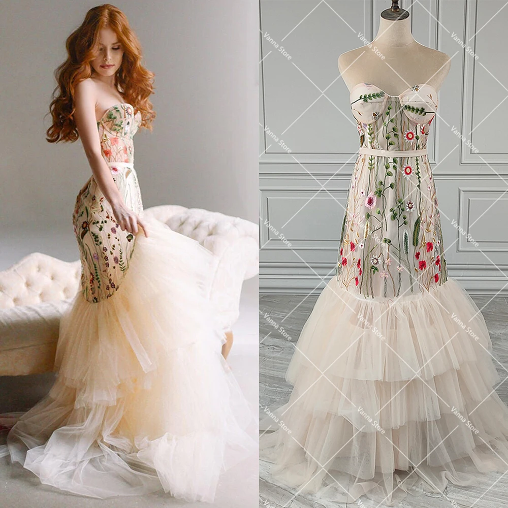 Color Flower Embroidered Fit And Flare Customized Wedding Dress Strapless Sexy Tiered Tulle Princess Mermaid Bridal Gown