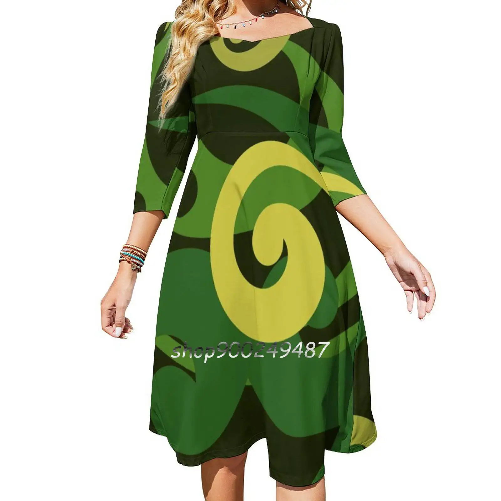 Koru Design , Green Square Neck Dress Cute Loose Print Dresses Elegant Beach Party Dress Koru Maori Art Maori New Zealand Nz