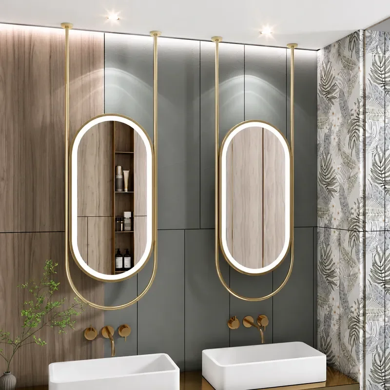 Simple Oval Hollow Smart Bathroom Mirror Touch Luminous Ceiling Hanging Light with Double Rod for Hotel and Home Use